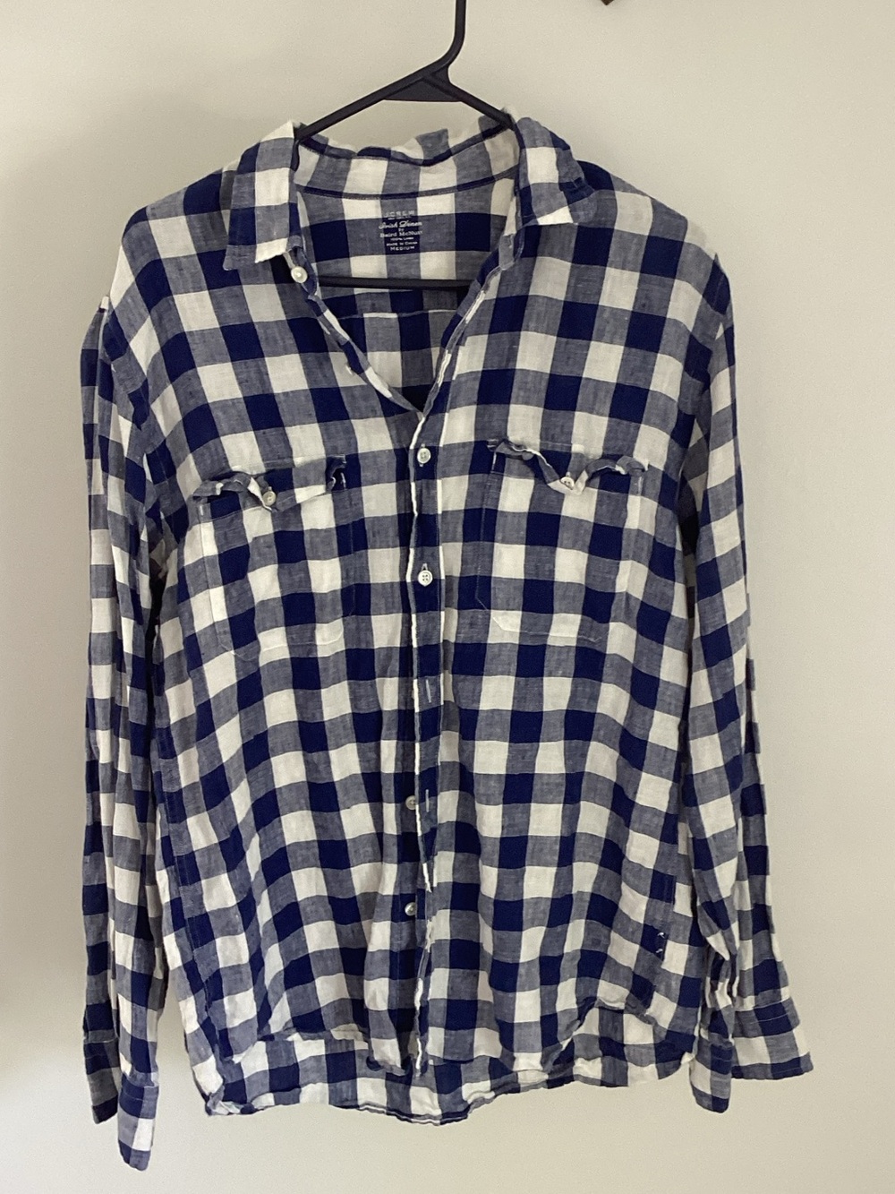 J Crew 100% Linen Men's Blue and White Check Long-Sleeve Shirt